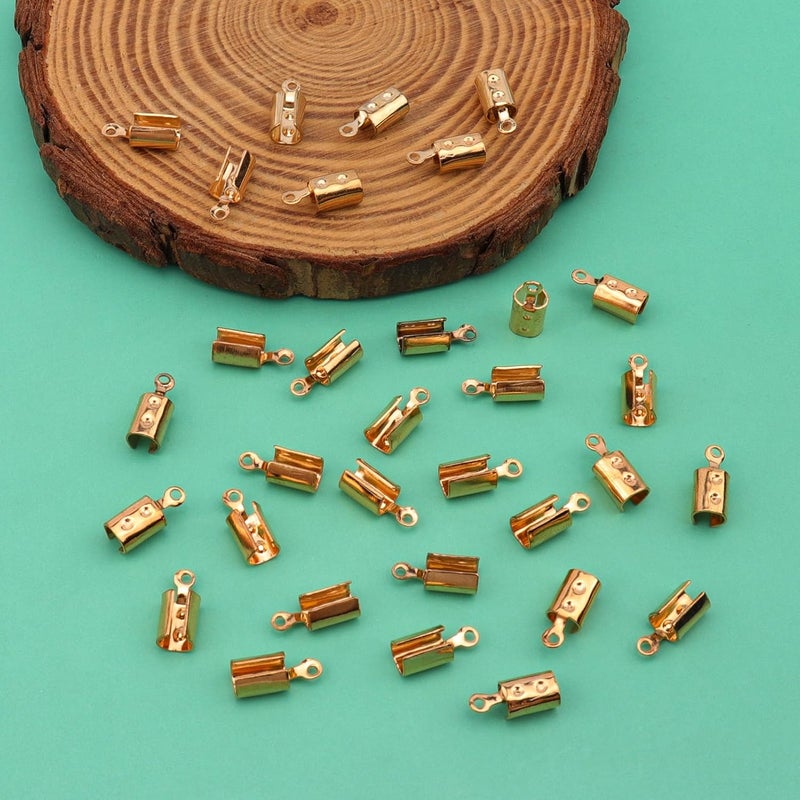 Oubaka 200pcs Fold Over Cord Ends Crimp End Tips Stainless Steel Cord Crimp End Tips Leather Ribbon Ending Clasp Tips Jewelry Connector for Bracelets Leather Jewelry Making(K Gold) - Image 3